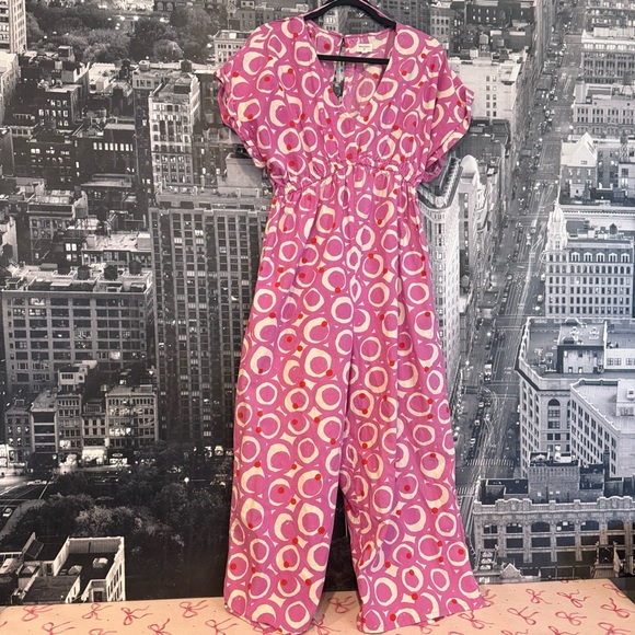 World Market Pink Abstract Print Cropped Jumpsuit Size S/M - Picture 2 of 5